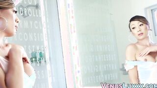 Shemale beauty Venus Lux shoots cum after shower wanking