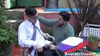 Geeky twink has his dick sucked before pounding mature gay