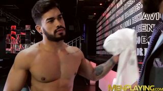 Businessmen with muscles banging after work hours