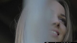 Teen with wide hips walks into the wilderness while flashing titties