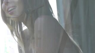 Teen with wide hips walks into the wilderness while flashing titties