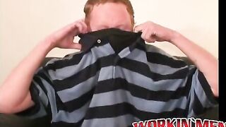 Redhead tugs his cut boner and tries his best to get hard