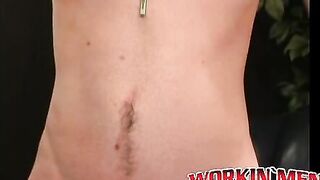 Inked and pierced mature masturbates and cums on his belly