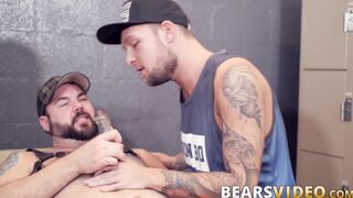 Sexy jock sucks on dildo while being hammered by hairy bear