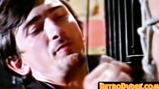 Accommodating stud gets penis massage in retro trio