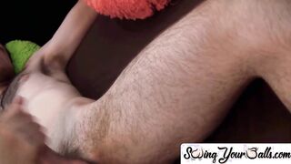 Devious young fellow swinging his dick with dildo in ass