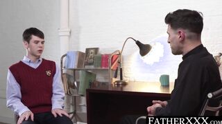 Youthful catholic jerks off while daddy drills him with toys