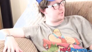 Horny natural tits MILF Jodie Cummings blows nerds dick POV