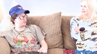 Horny natural tits MILF Jodie Cummings blows nerds dick POV