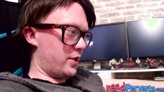 Big tits Lucy Lane goes down on a horny nerd cock sucking it