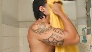 Strong and hot Brazilian steed strokes off after shower