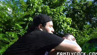 Helpless young man raw impaled by his stepdad outdoors