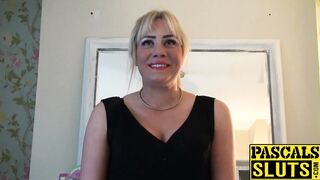 Big tits blonde MILF in stocking masturbates while sucking