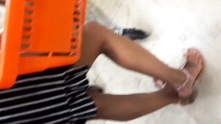 Her Bae thin huge foot foot into sandals