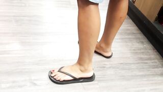Her Goddess huge feets red feet into flip flops