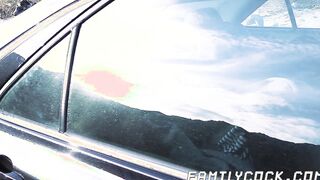 Daddy bare impales his stepson doggy style while in the car