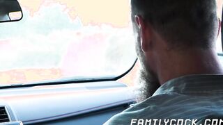 Daddy bare impales his stepson doggy style while in the car
