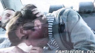 Daddy bare impales his stepson doggy style while in the car