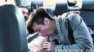 Daddy bare impales his stepson doggy style while in the car