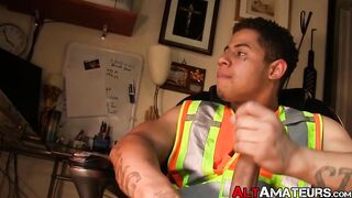 Alternate jock is stroking it wildly while watching porn