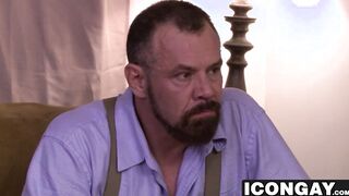 Bearded hunk dad shoving his big dick into twink ass