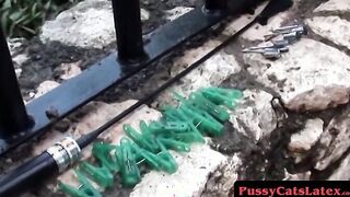 Dominotrix tortures a thin MILF crotch in 3D leather