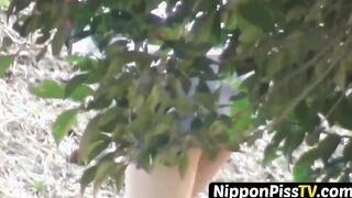 Entrancing Japanese young lady peeing rapidly outside during day