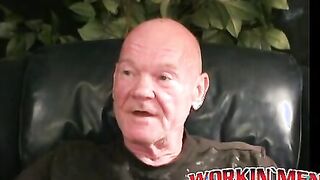 Old man lays back and pulls on his cock until it gets hard