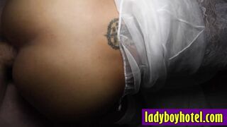 Horny Asian shemale loves big white cock