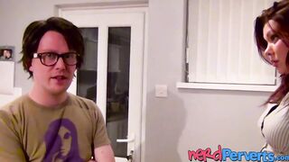 English brunette babe Bella Star deepthroats nerd big dick