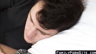 Twink stepson cums while daddy barebacks his tight ass