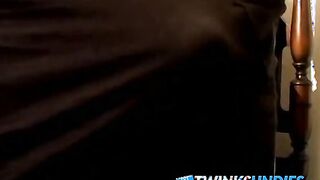 Skinny young twink jerks off his cock and cums in undies