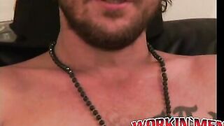 Inked thug rubbing hairy cock before solo cumshot