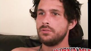 Inked thug rubbing hairy cock before solo cumshot