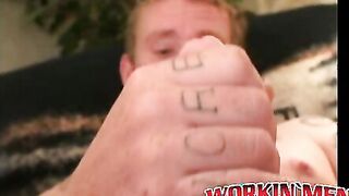 Rough mature thug wanks cock with inked hand and cums