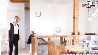 German blonde older housewife with glasses pounded into kitchen