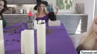 Sneaky teen Coco sucking ts cocks under the table