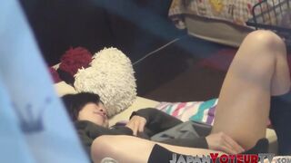 Japanese bitch plays with her hairy pussy on secret tape
