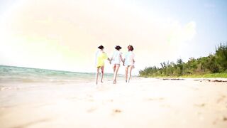 Three beautiful, slim beach girls who love to have sex on the beach