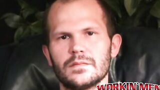 Stud passionately tugs on his huge dick after an interview