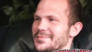 Stud passionately tugs on his huge dick after an interview