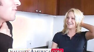 Alexis Malone takes a long young dick into the kitchen