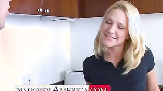 Alexis Malone takes a long young dick into the kitchen