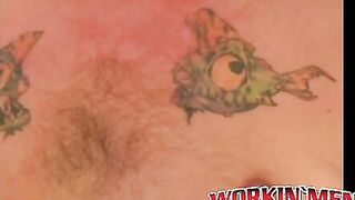 Tattooed stud chilling before jerking big cock for cumshot
