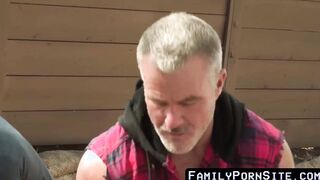 Studly stepdad spitroasted by stepsons in the wake of slashing wood