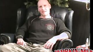 Bald thug cums on a plate after jerking off in amateur solo