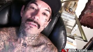 Inked goth dude shows off his firm body and masturbates solo