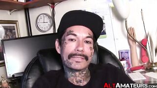 Inked goth dude shows off his firm body and masturbates solo