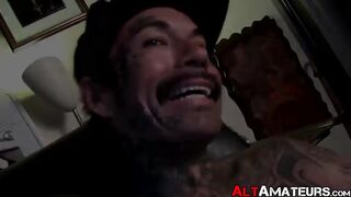 Inked goth dude shows off his firm body and masturbates solo
