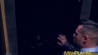 Classy hunk sucks gloryhole cock before threeway drilling